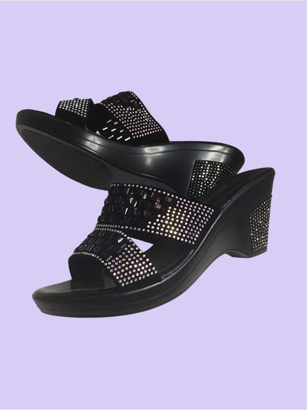 Black rhinestone  Block Heel Slide Sandals - Women